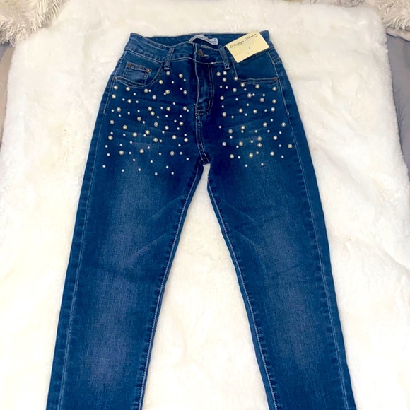 Pearls Beaded High Waist Skinny Jeans. High Stretch. - Picture 1 of 4